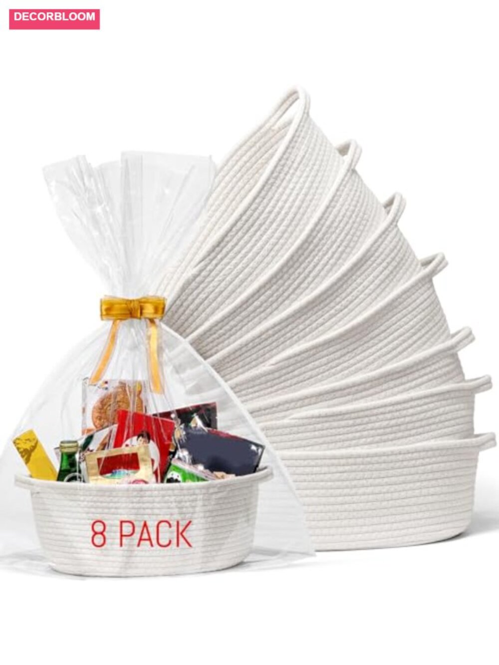 8 Pack Small Woven Baskets Cotton Rope Gift Baskets with Bags Ribbons
